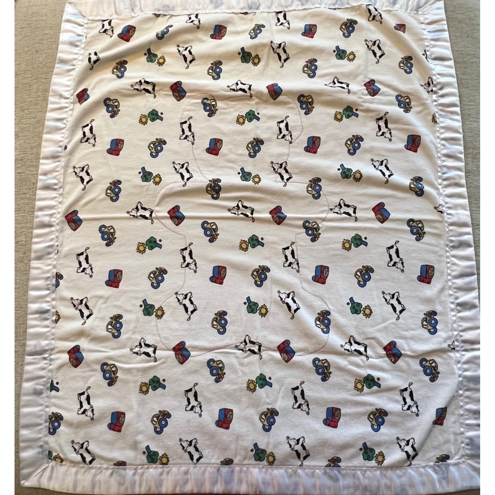 Vintage Gymboree Lil Critter Baby Blanket Farm Cow Tractor Satin Trim 30x35